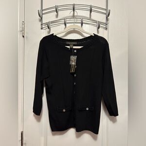 Linda Matthews Button down Black Cardigan sweater Women’s Large‎ classic NWT